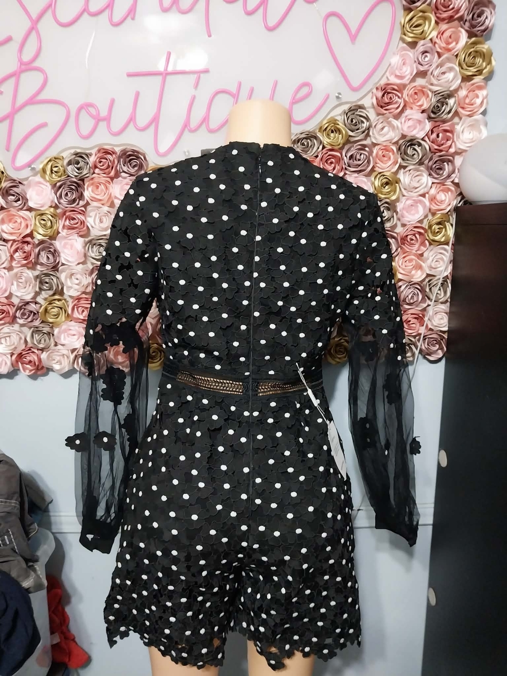 Self-Portrait Black Floral Appliqué Mesh Long-Sleeve Romper with White Dots - Picture 5 of 9